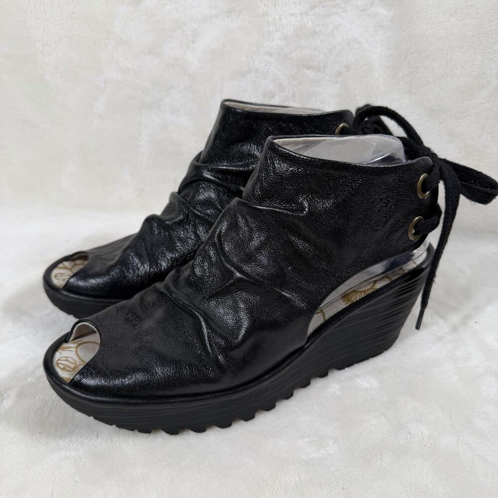 Fly London Black Leather Peep Toe Lace Up Wedge Sandals Women’s EU 39